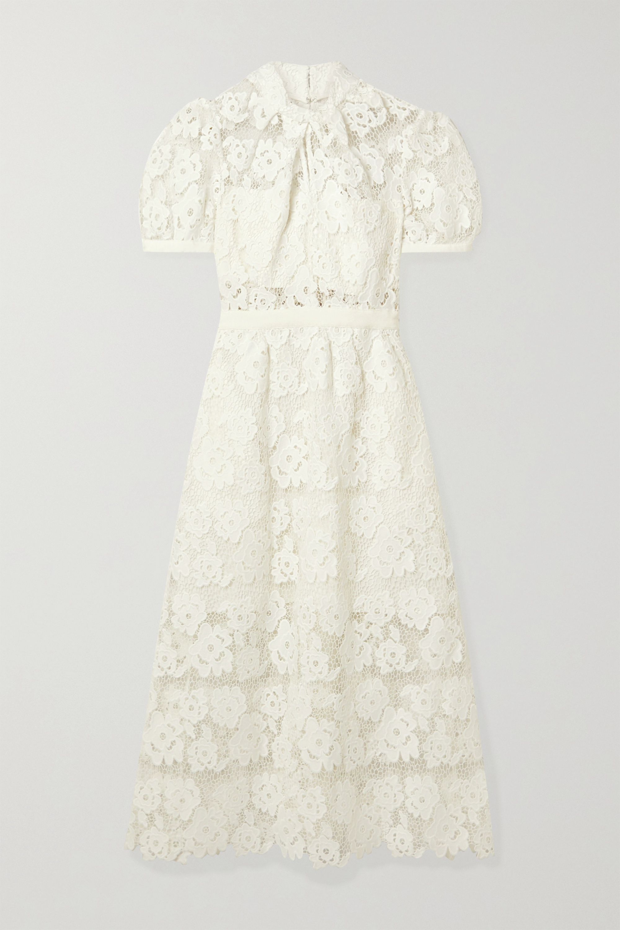 Grosgrain-trimmed guipure lace midi dress
