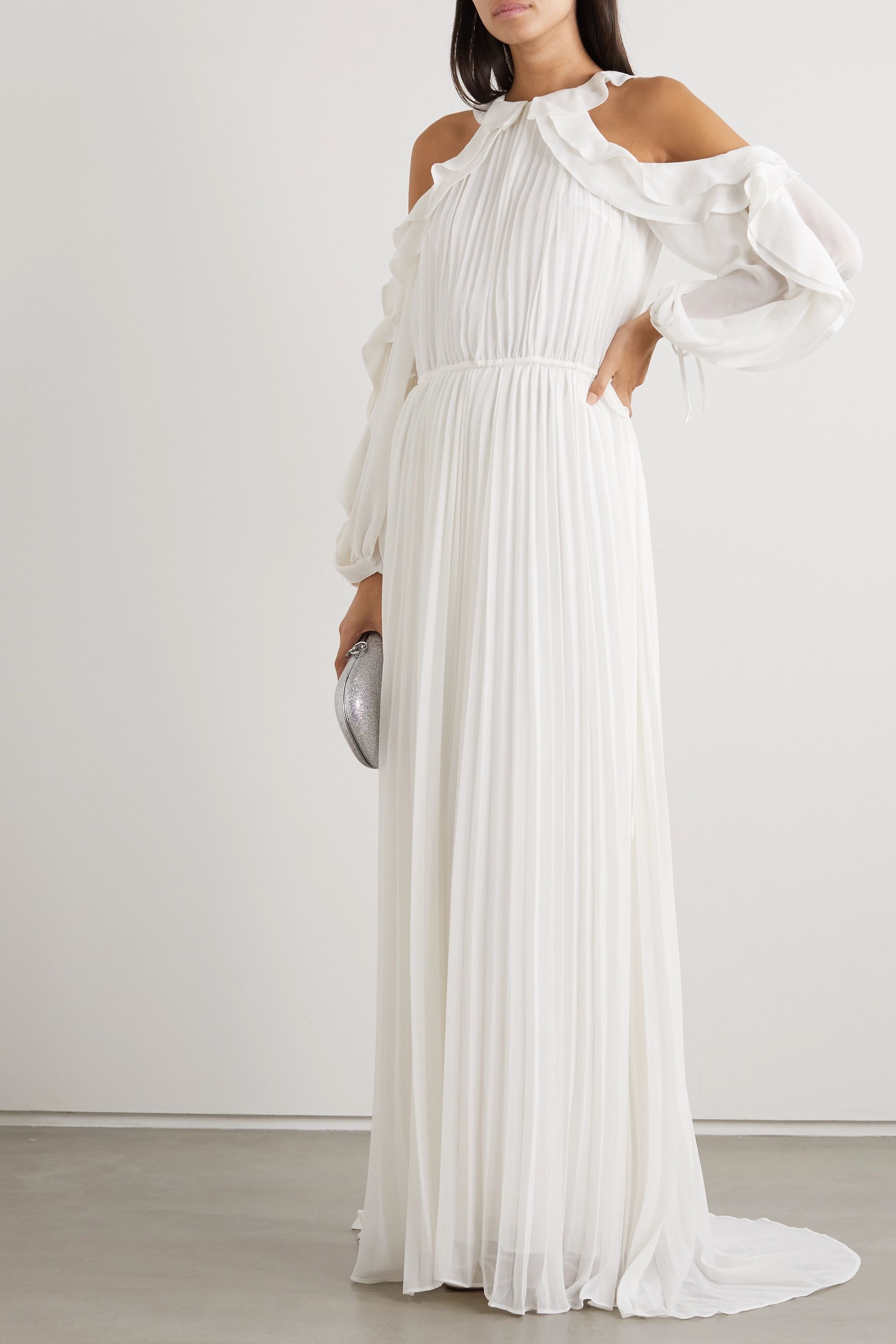 Cold-shoulder ruffled pleated chiffon gown
