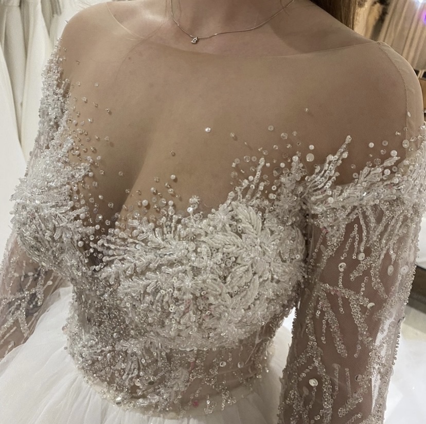 Milla Nova Ballgown, Beaded Sequined Mesh Top with Glittery Dress Layers
