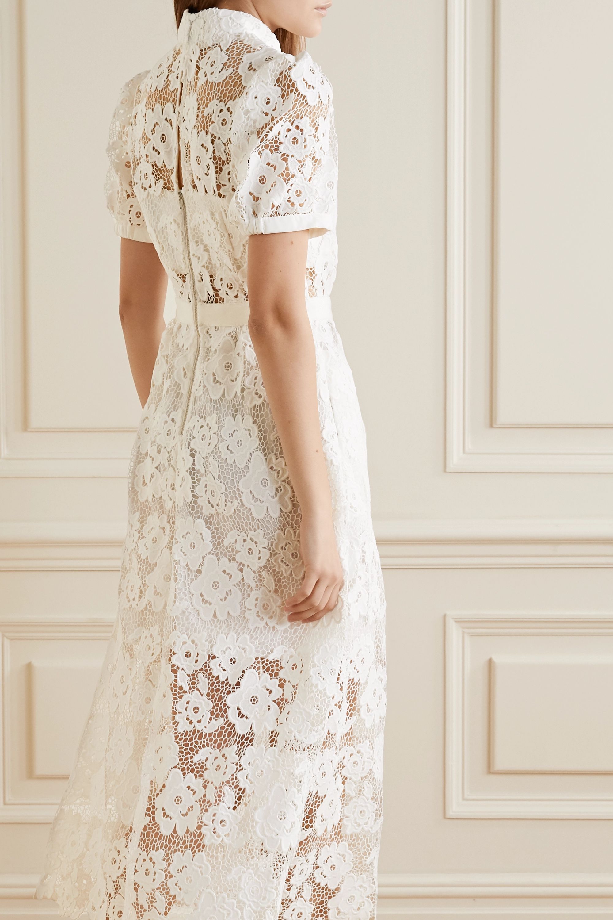 Grosgrain-trimmed guipure lace midi dress