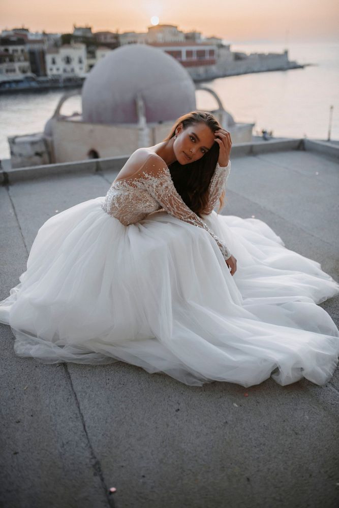Milla Nova Ballgown, Beaded Sequined Mesh Top with Glittery Dress Layers