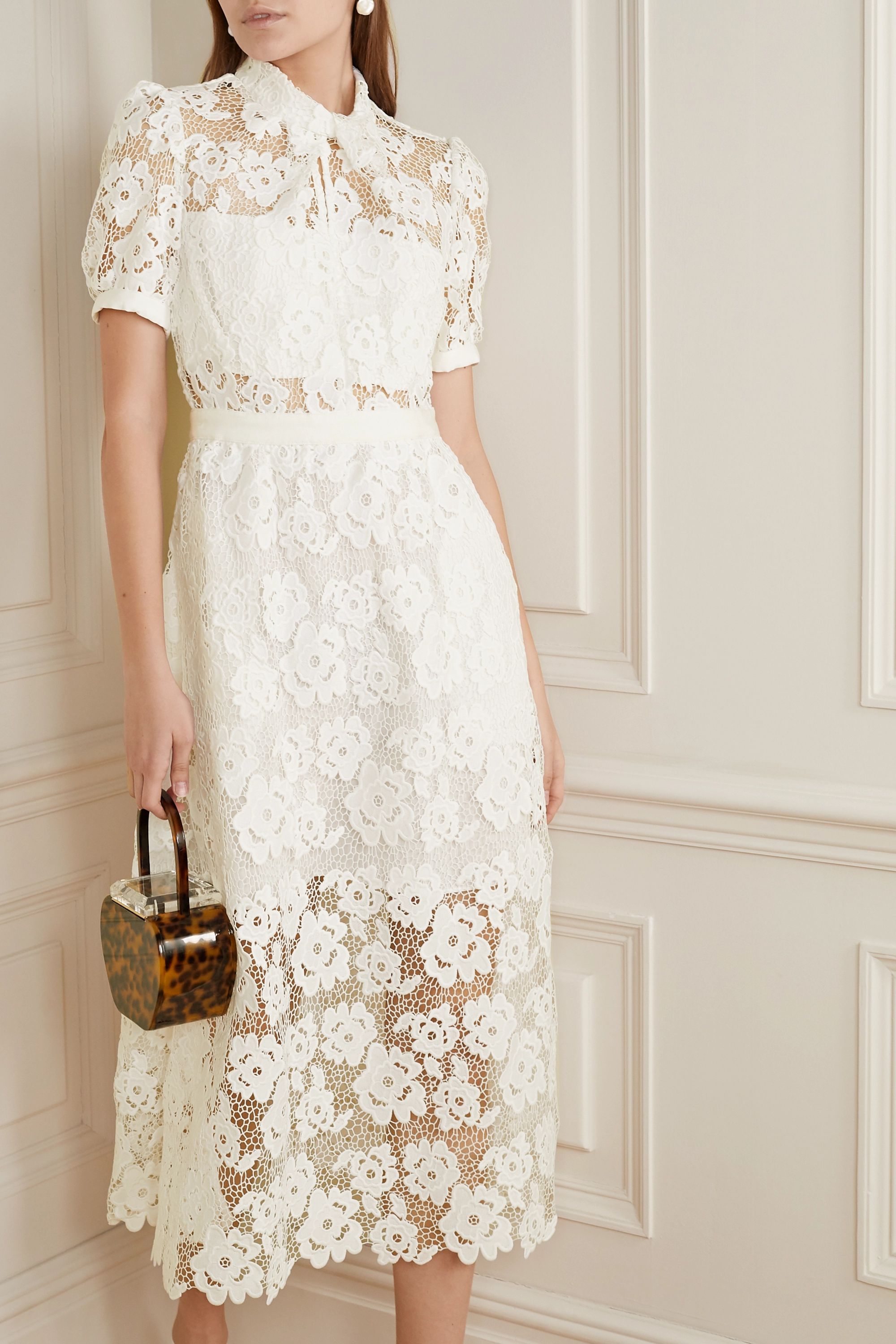 Grosgrain-trimmed guipure lace midi dress