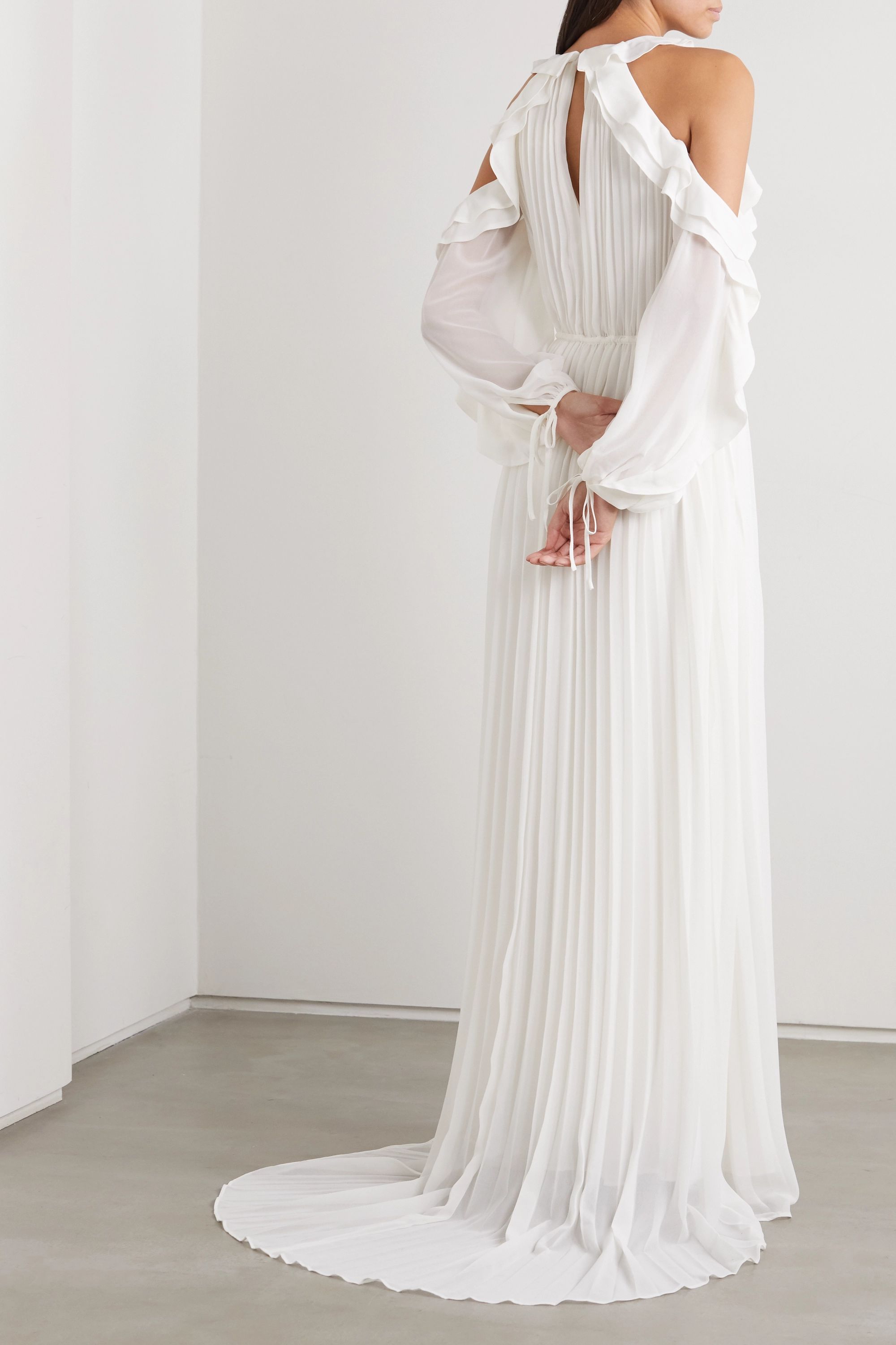 Cold-shoulder ruffled pleated chiffon gown