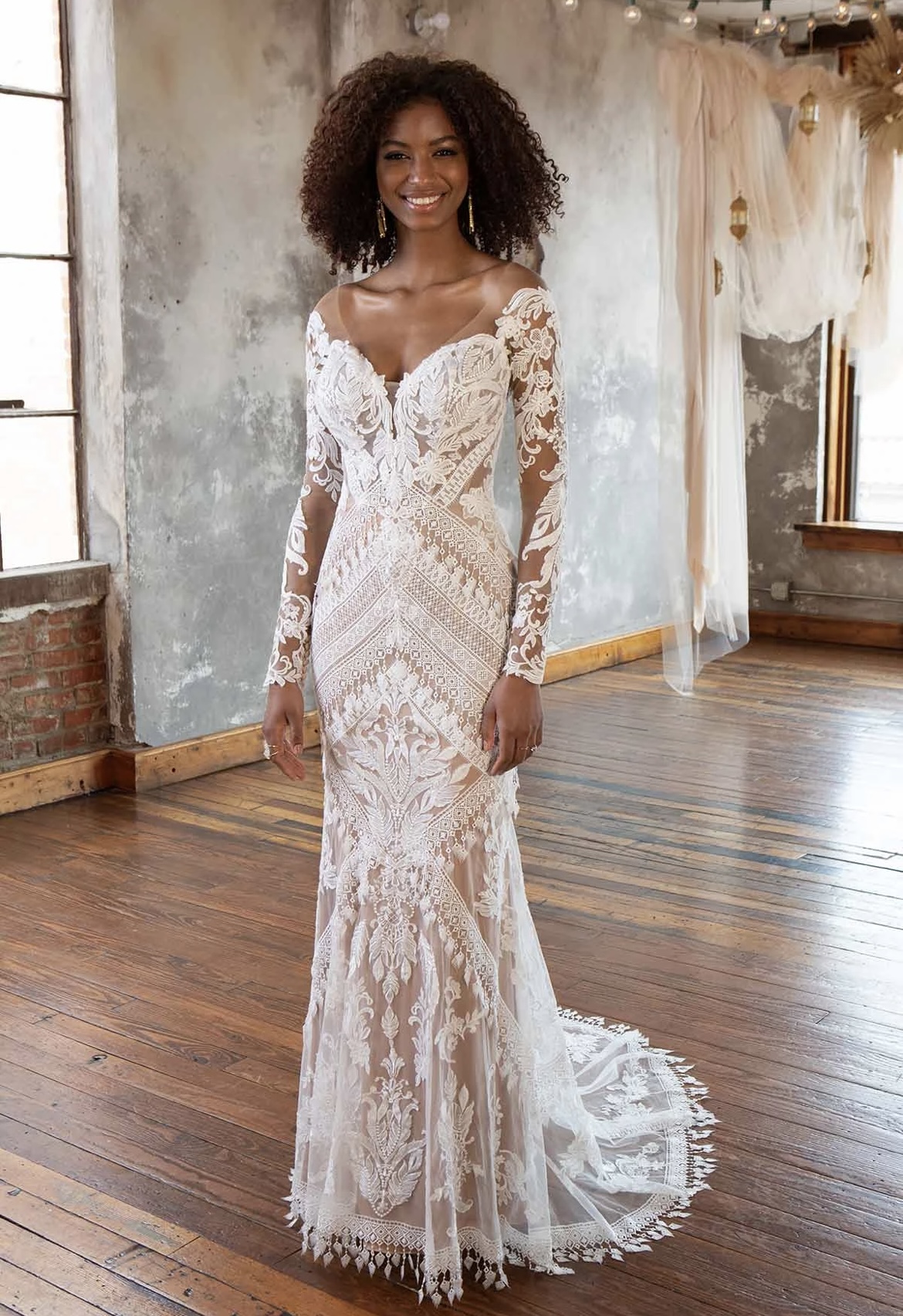 Long sleeve boho lace wedding dress